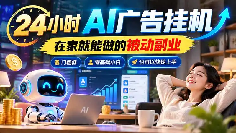 24小时AI广告挂机｜在家就能做的被动副业，门槛低，零基础小白也可以快速上手-298资料