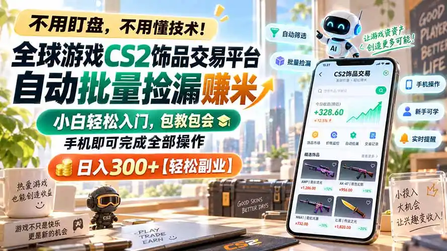 全球游戏CS2饰品交易平台自动批量捡漏赚米,小白轻松入门,包教包会,手机即可完成全部操作,日入300+【轻松副业】-298资料