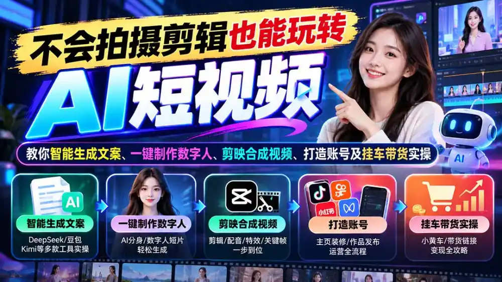不会拍摄剪辑也能玩转AI短视频：教你智能生成文案、一键制作数字人、剪映合成视频、打造账号及挂车带货实操-298资料