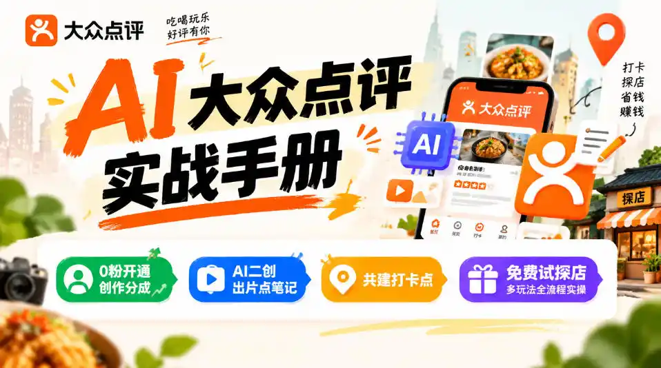 某局的AI大众点评实战手册,0粉开通创作分成、AI二创出片点笔记、共建打卡点、免费试探店多玩法全流程实操