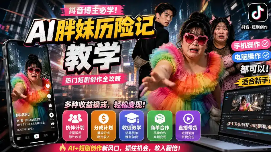 抖音博主的AI胖妹历险记教学，伙伴计划+分成计划+收徒+商单等多种收益，适合新手，手机电脑都可以操作-298资料