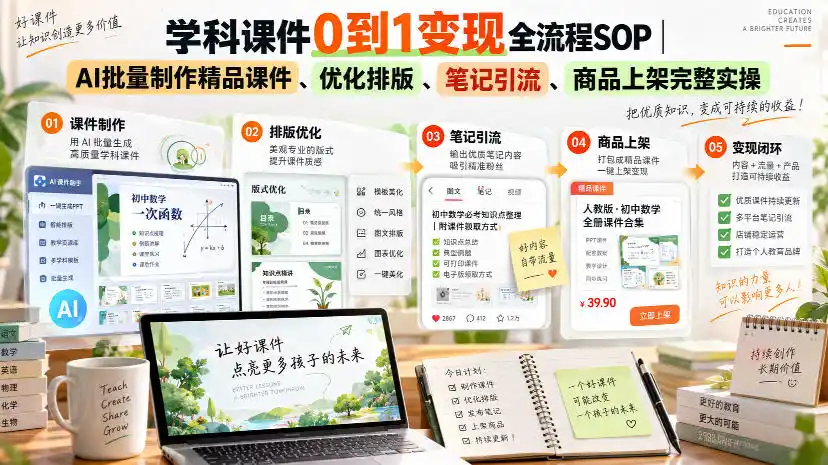学科课件0到1变现全流程SOP|AI批量制作精品课件、优化排版、笔记引流、商品上架完整实操-298资料