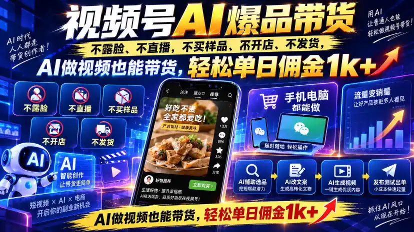 视频号Ai爆品带货,不露脸、不直播、不买样品、不开店、不发货,AI做视频也能带货,轻松单日佣金1k+-298资料
