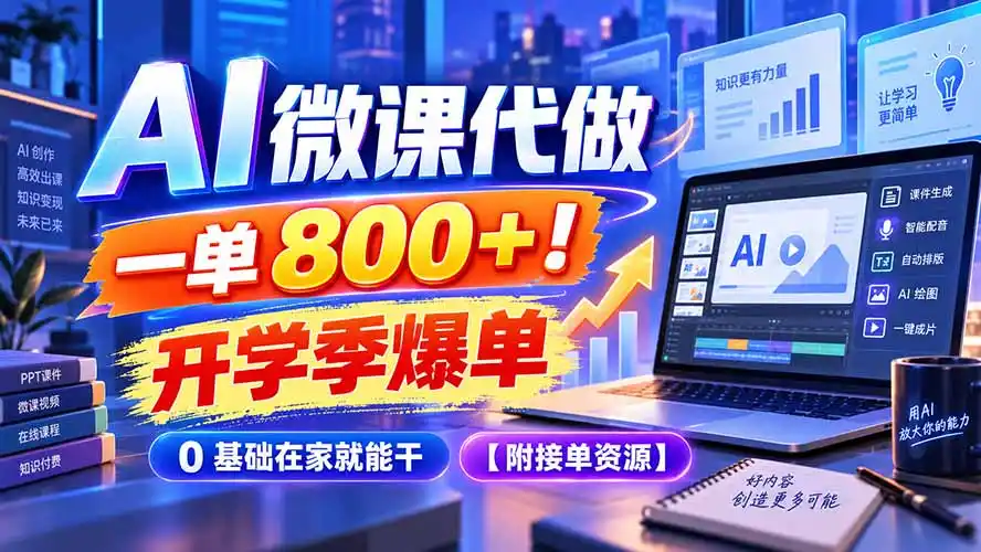 AI 微课代做，一单 800+！开学季爆单，0 基础在家就能干【附接单资源】-298资料