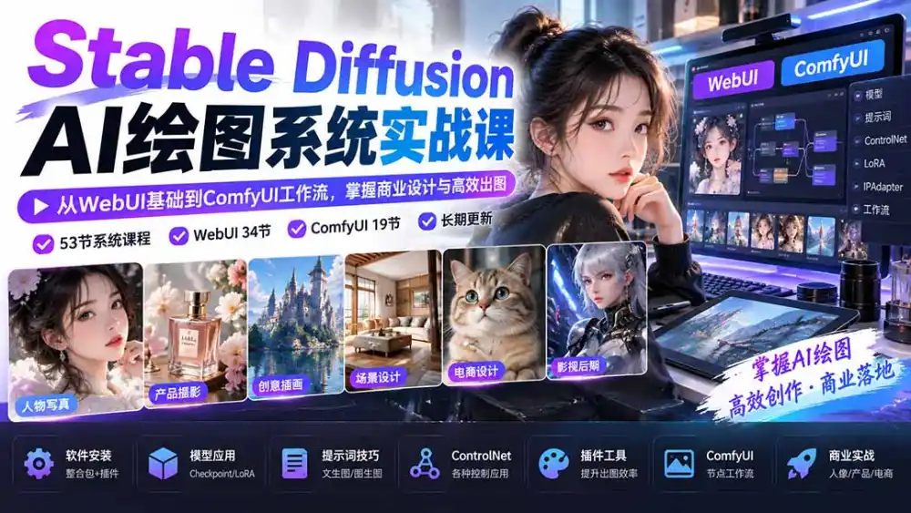 【无水印】Stable Diffusion AI绘图系统实战课：从WebUI基础到ComfyUI工作流，掌握商业设计与高效出图-298资料