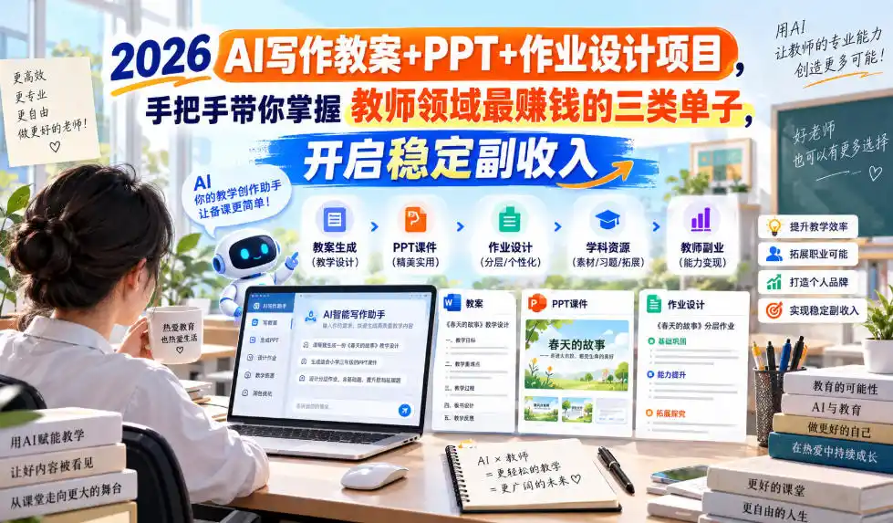 2026 AI写作教案+PPT+作业设计项目,手把手带你掌握教师领域最賺钱的三类单子,开启稳定副收入-298资料