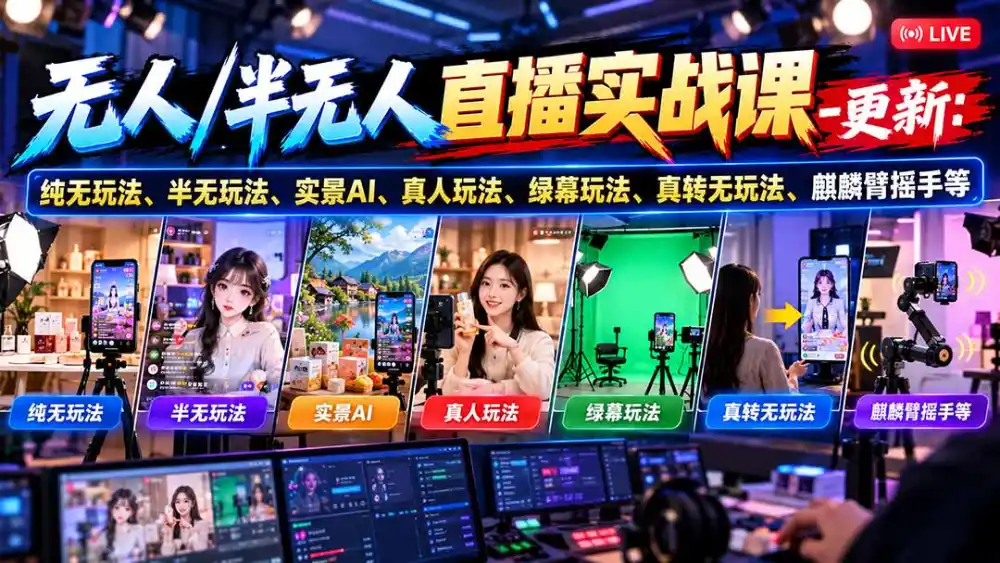 无人/半无人直播实战课-10月20更新：纯无玩法、半无玩法、实景AI、真人玩法、绿幕玩法、真转无玩法、麒麟臂摇手等-298资料