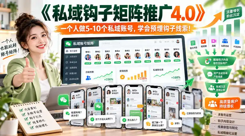 【无水印】《私域钩子矩阵推广4.0》一个人做5-10个私域账号，学会预埋钩子线索！-298资料