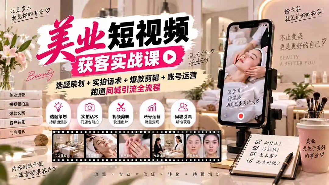 美业短视频获客实战课-无水印：选题策划+实拍话术+爆款剪辑+账号运营，跑通同城引流全流程-298资料