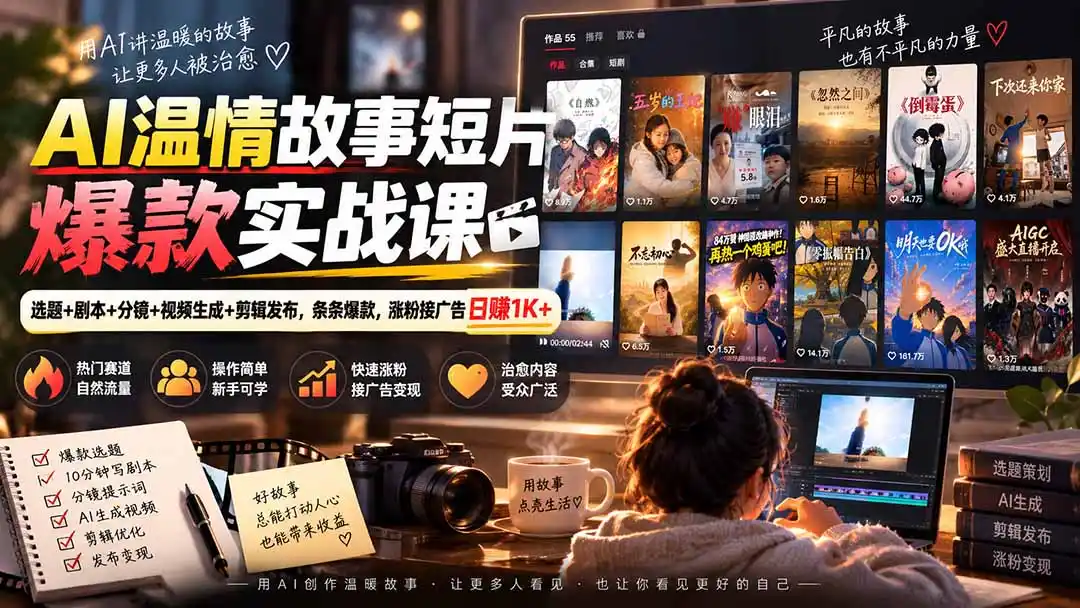 AI温情故事短片爆款实战课-更新｜选题+剧本+分镜+视频生成+剪辑发布，条条爆款，涨粉接广告日赚1K+-298资料