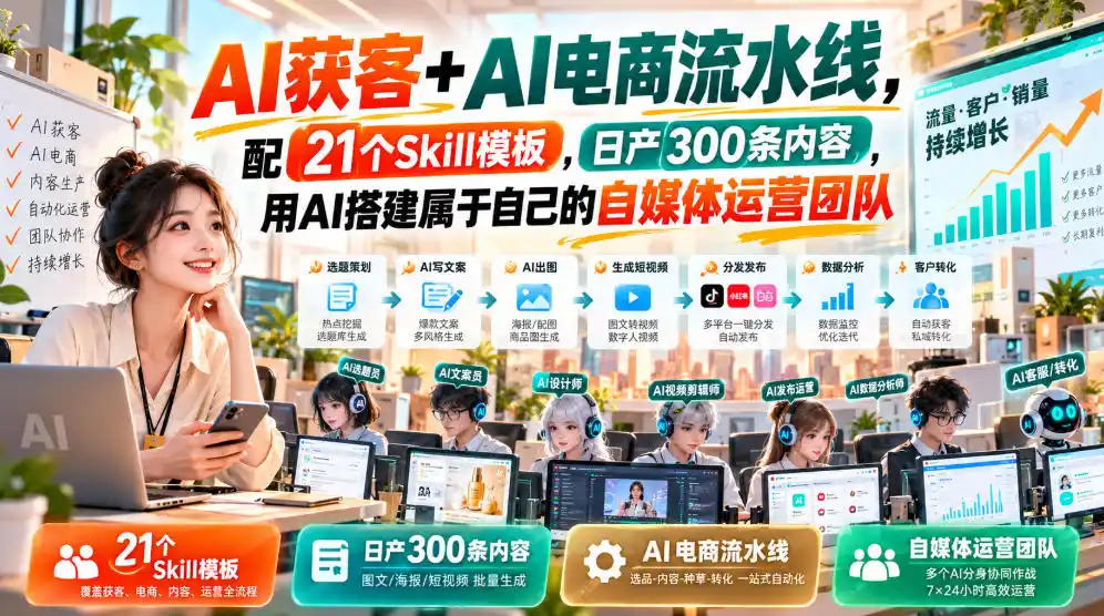 AI获客+AI电商流水线，配21个Skill模板，日产300条内容，用AI搭建属于自己的自媒体运营团队-298资料