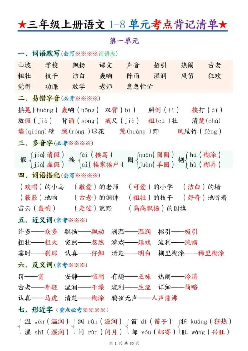 新三年级上册语文1-8单元考点背记清单30页-298资料