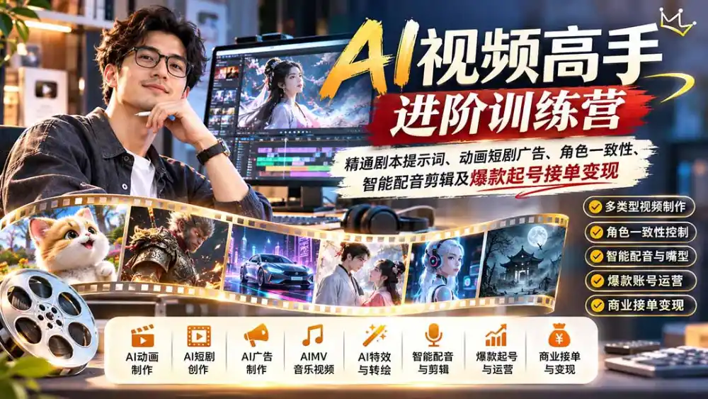 AI视频高手进阶训练营：精通剧本提示词、动画短剧广告、角色一致性、智能配音剪辑及爆款起号接单变现-298资料