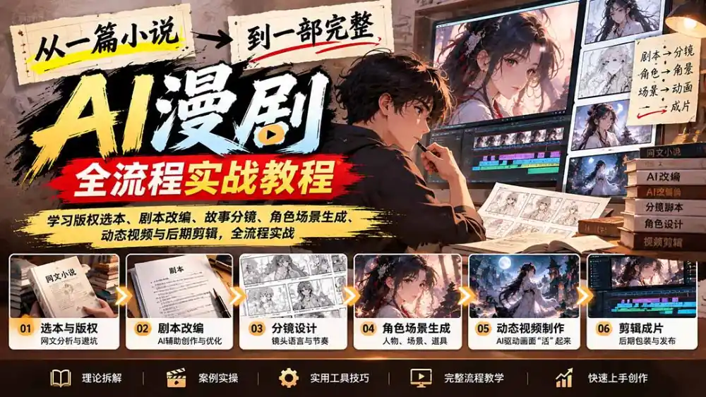 从一篇小说到一部完整AI漫剧：学习版权选本、剧本改编、故事分镜、角色场景生成、动态视频与后期剪辑-298资料