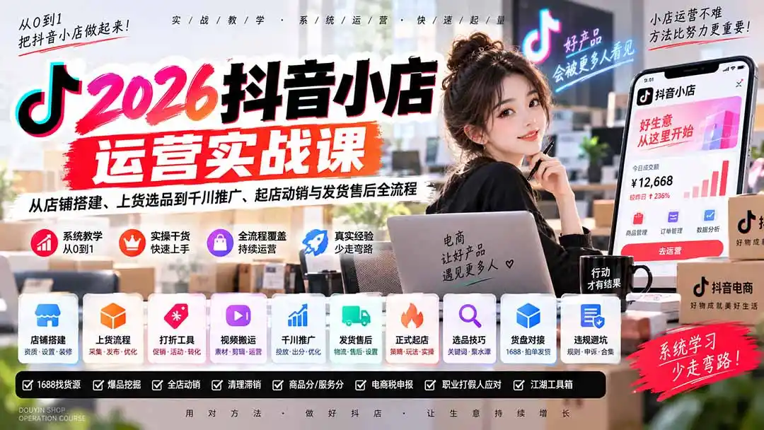2026抖音小店运营实战课｜从店铺搭建、上货选品到千川推广、起店动销与发货售后全流程-298资料