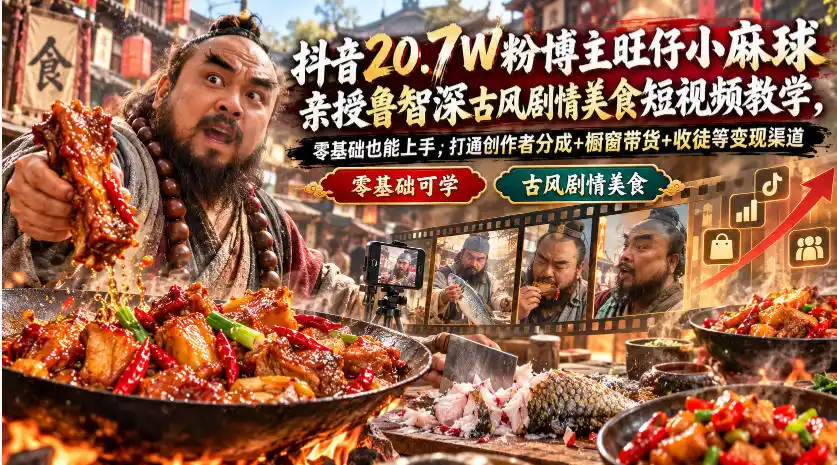 抖音20.7W粉博主旺仔小麻球亲授鲁智深古风剧情美食短视频教学,零基础也能上手,打通创作者分成+橱窗带货+收徒等变现渠道