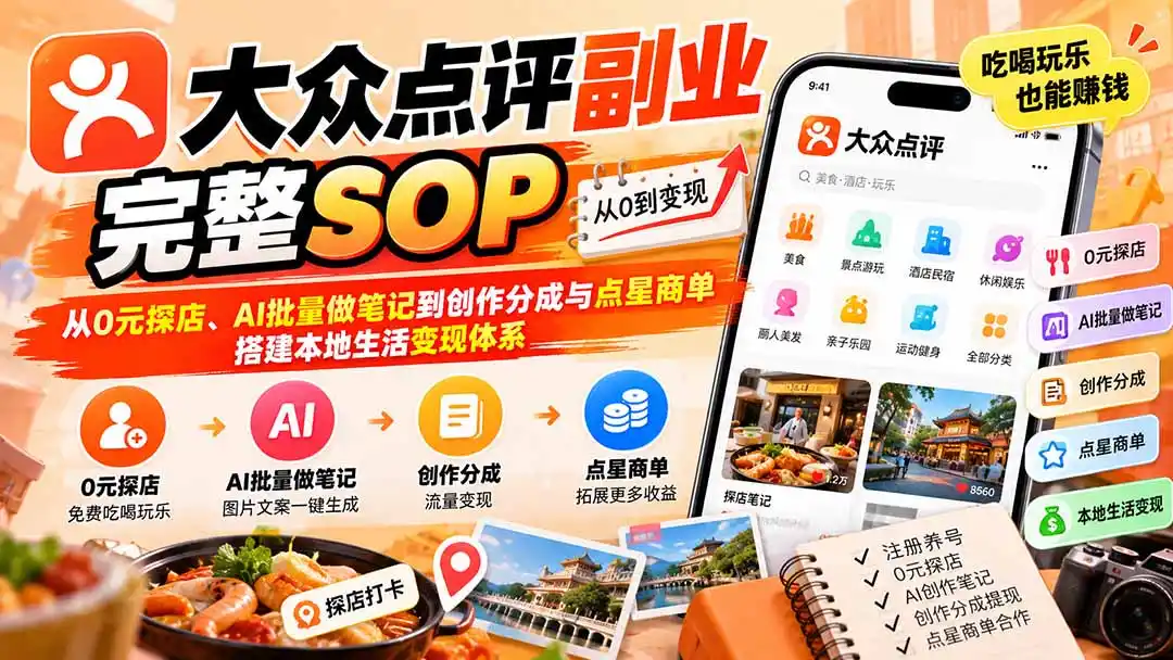 【无水印】大众点评副业完整SOP：从0元探店、AI批量做笔记到创作分成与点星商单，搭建本地生活变现体系-298资料