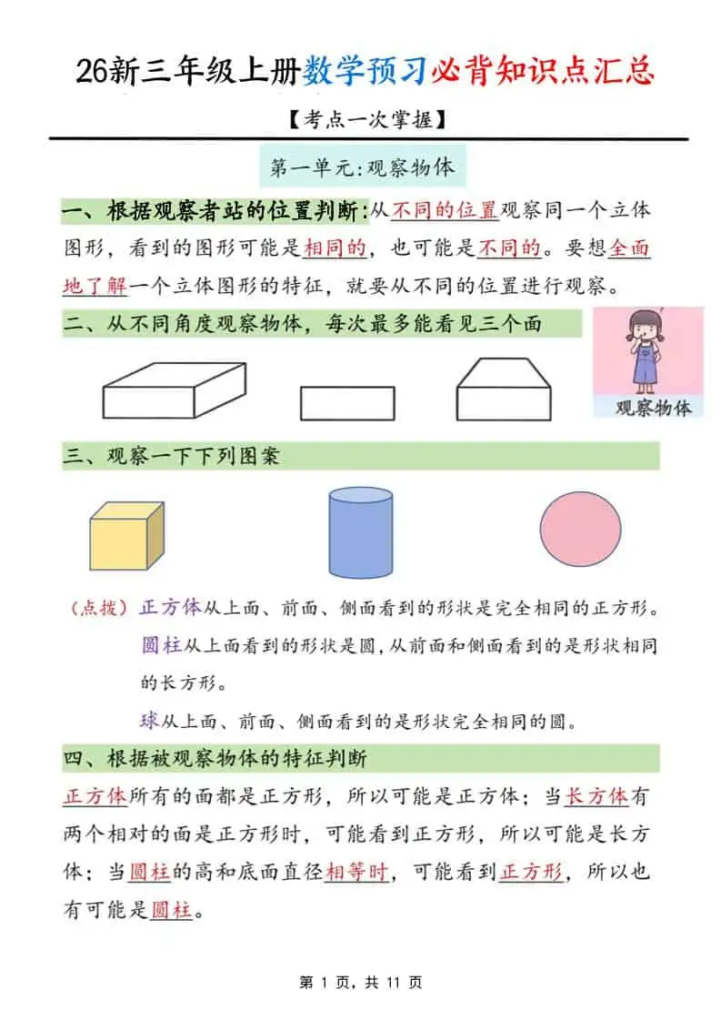 26新三年级上册数学预习必背知识点汇总11页-298资料