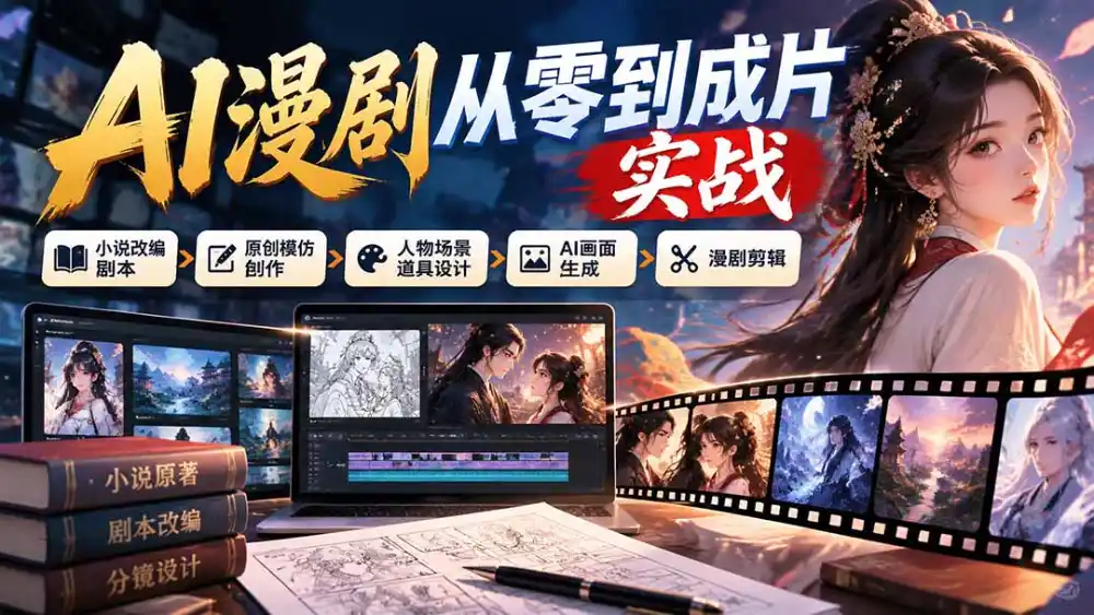 AI漫剧从零到成片实战：小说改编剧本、原创模仿创作、人物场景道具设计、AI画面生成与漫剧剪辑-298资料