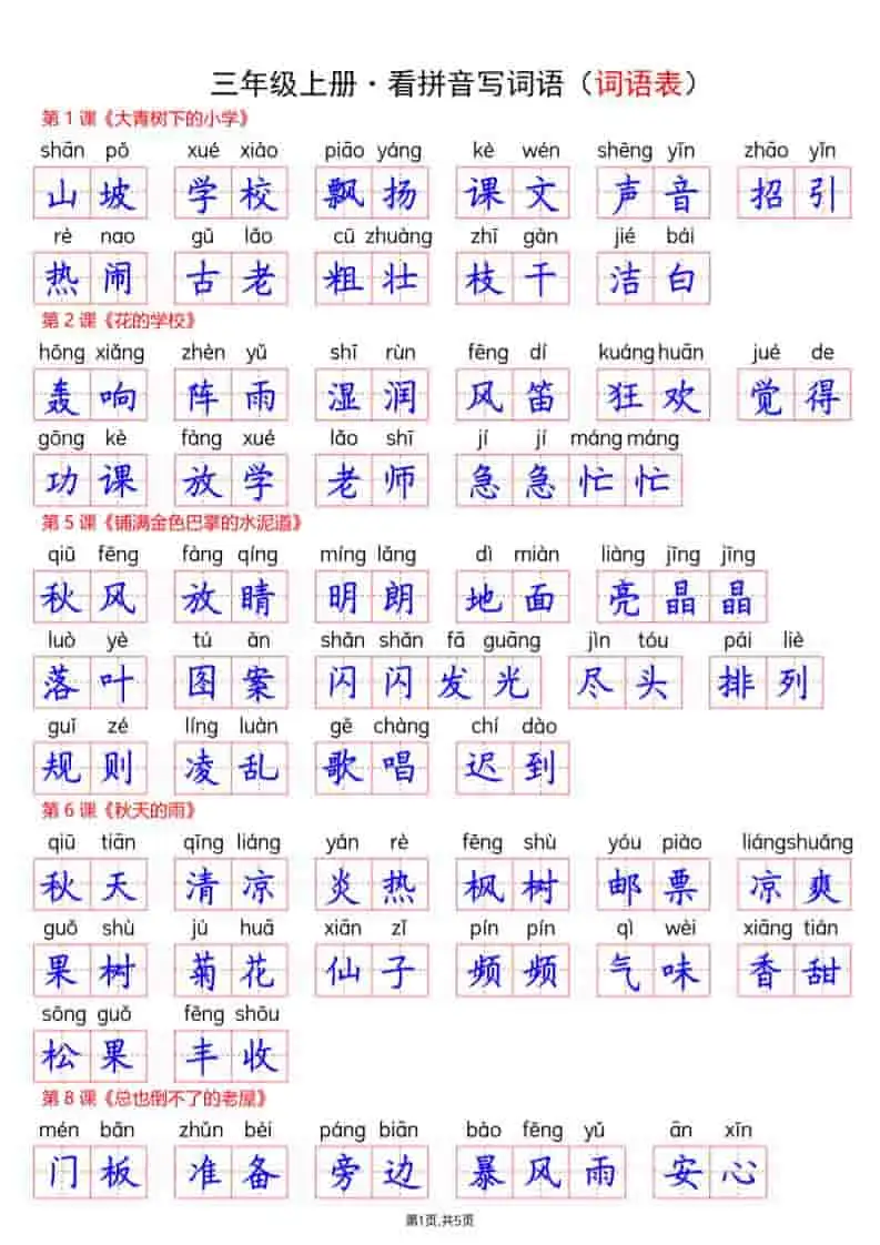 新三年级上册语文【看拼音写词语-词语表(答案)】-298资料