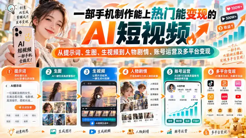 【无水印】一部手机制作能上热门能变现的AI短视频，从提示词、生图、生视频到人物剧情、账号运营及多平台变现-298资料