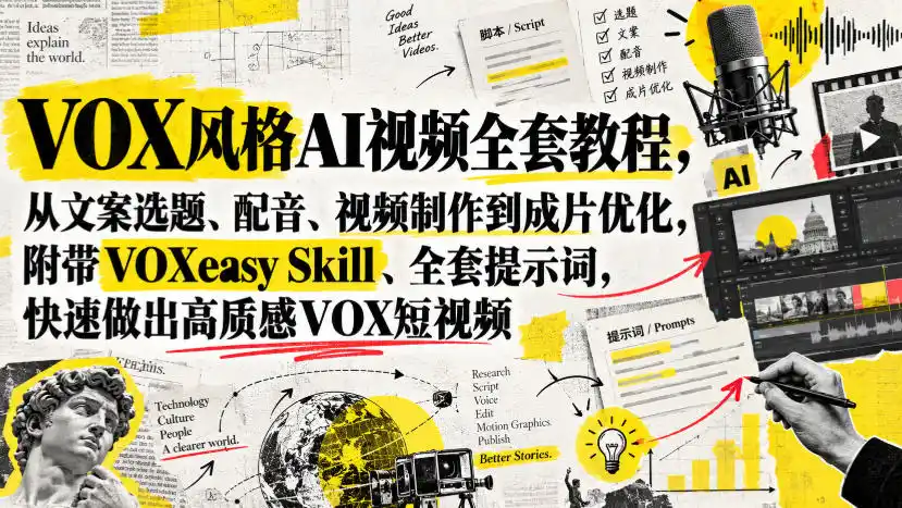 VOX风格AI视频全套教程，从文案选题、配音、视频制作到成片优化，附带VOXeasy Skill、全套提示词，快速做出高质感VOX短视频-298资料