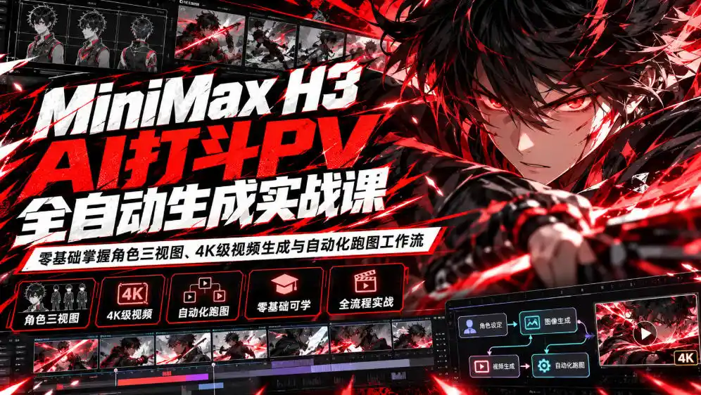 MiniMax H3 AI打斗PV全自动生成实战课：零基础掌握角色三视图、4K级视频生成与自动化跑图工作流-298资料