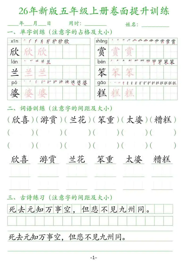26新五上语文卷面提升训练38页-298资料