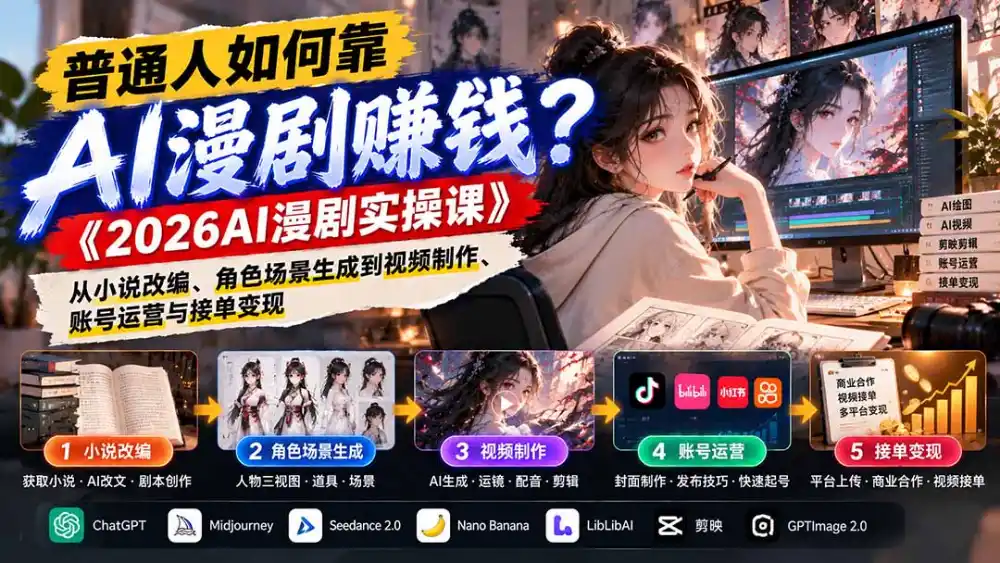 普通人如何靠AI漫剧赚钱？《2026AI漫剧实操课》从小说改编、角色场景生成到视频制作、账号运营与接单变现-298资料