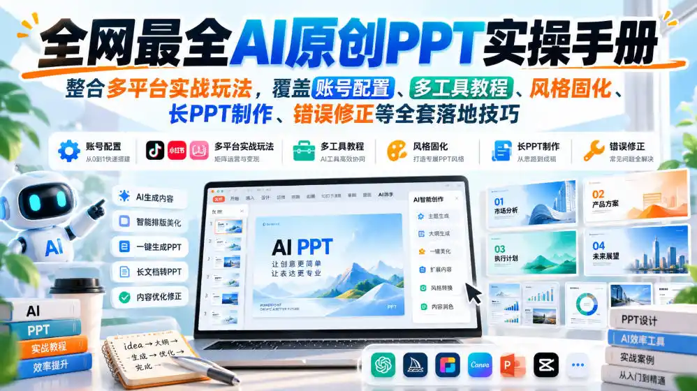 全网最全AI原创PPT实操手册,整合多平台实战玩法,覆盖账号配置、多工具教程、风格固化、长PPT制作、错误修正等全套落地技巧-298资料