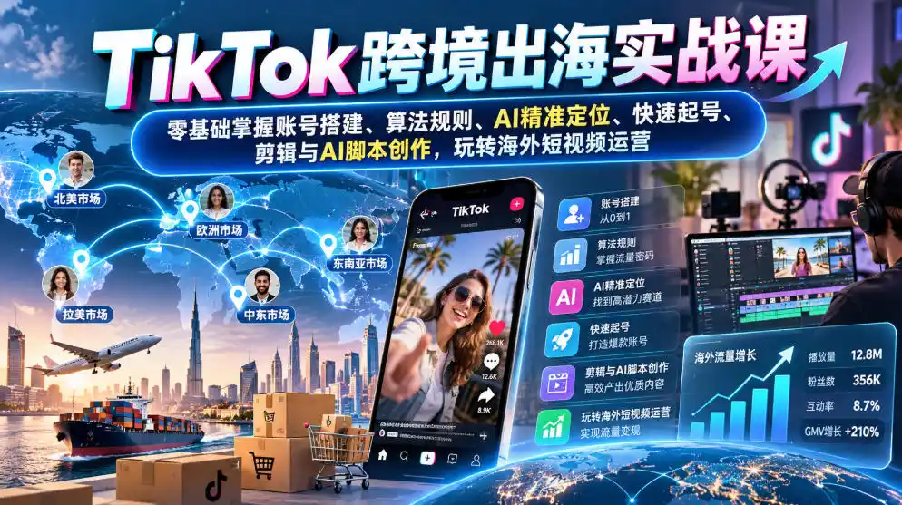 TikTok跨境出海实战课:零基础掌握账号搭建、算法规则、AI精准定位、快速起号、剪辑与AI脚本创作,玩转海外短视频运营