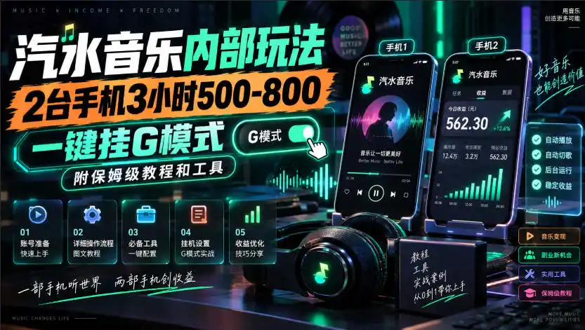 汽水音乐内部玩法，2台手机3小时500-800，一键挂G模式，附保姆级教程和工具【揭秘】-298资料