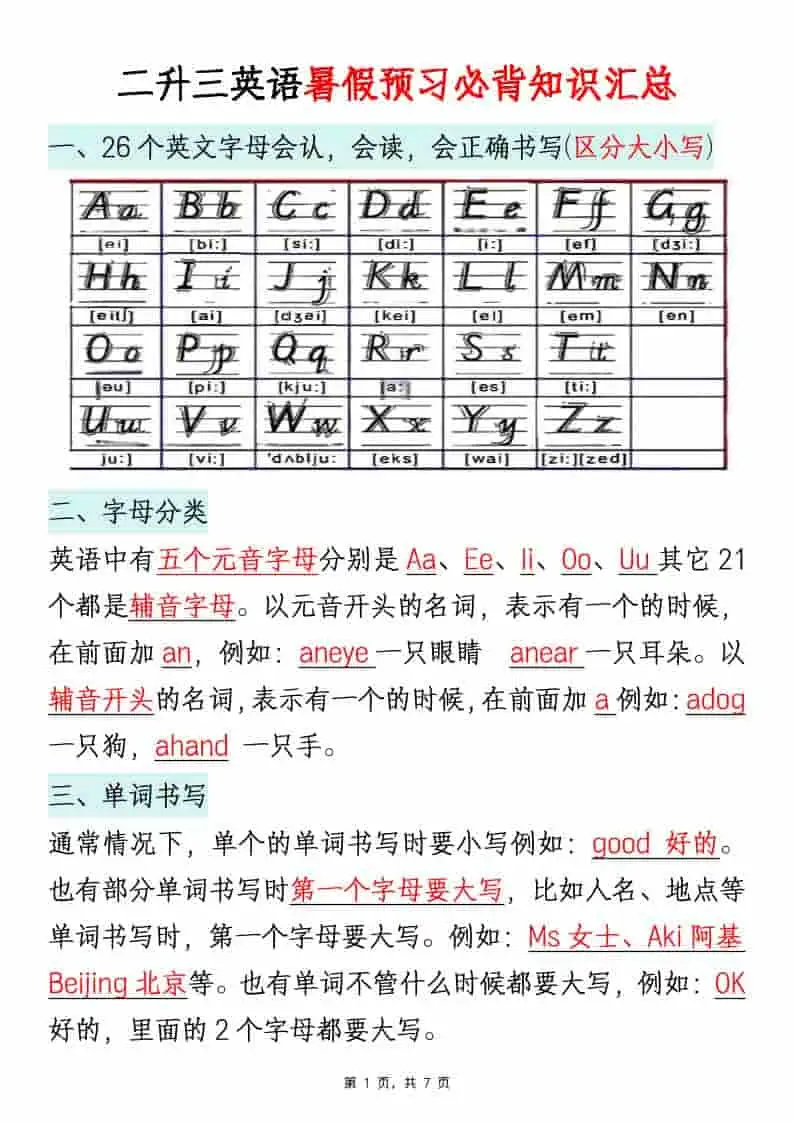 二升三英语暑假预习必背知识汇总通用版-三年级上册英语-298资料