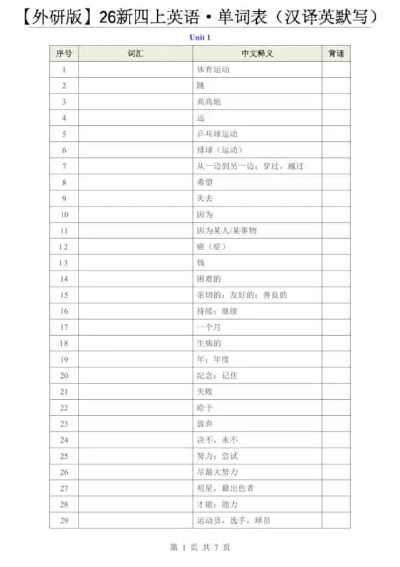 【外研版】26新四年级上册英语·单词表（汉译英默写）-298资料