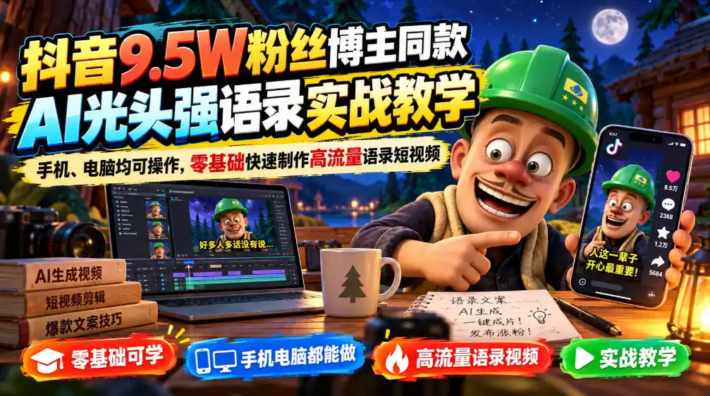 抖音9.5W粉丝博主同款AI光头强语录实战教学,手机、电脑均可操作,零基础快速制作高流量语录短视频-298资料