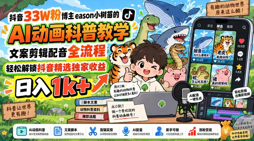 抖音33W粉博主eason小树苗的AI动画科普教学,文案剪辑配音全流程,轻松解锁抖音精选独家收益,日入1k+-298资料