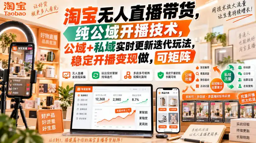 淘宝无人直播带货，纯公域开播技术，公域+私域实时更新迭代玩法，稳定开播变现做，可矩阵【揭秘】-298资料