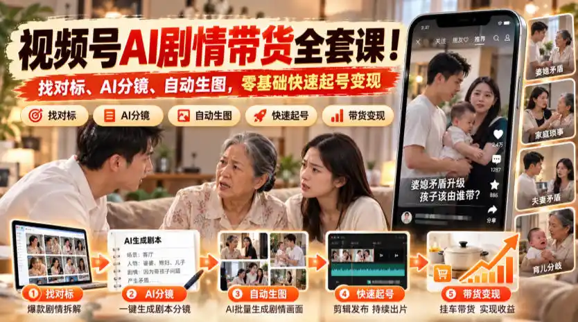 视频号AI剧情带货全套课!找对标、AI分镜、自动生图,零基础快速起号变现-298资料