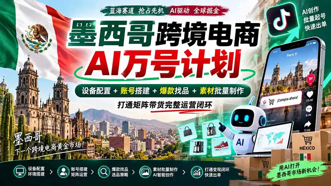 墨西哥AI跨境电商万号计划|设备配置+账号搭建+爆款找品+素材批量制作,打通矩阵带货完整运营闭环-298资料