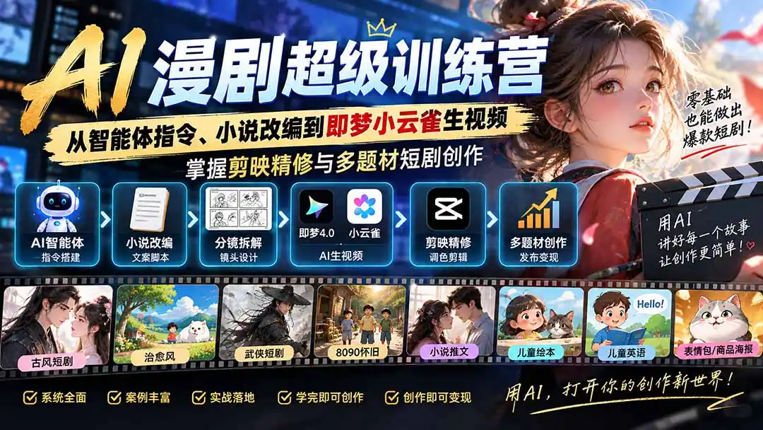 AI漫剧超级特训营:从智能体指令、小说改编到即梦小云雀生视频,掌握剪映精修与多题材短剧创作-298资料