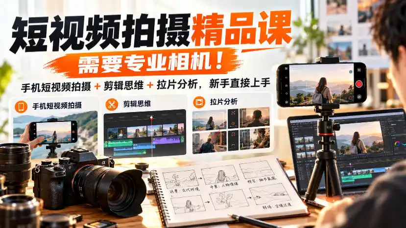 短视频拍摄精品课，需要专业相机！手机短视频拍摄+剪辑思维+拉片分析，新手直接上手-298资料