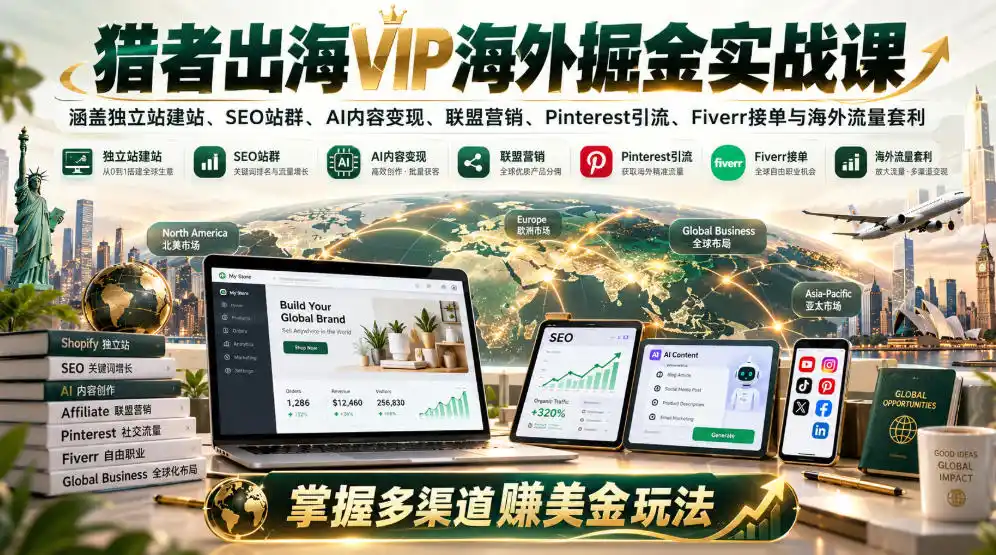猎者出海VIP海外掘金实战课：涵盖独立站、SEO站群、AI变现、联盟营销、Pinterest引流、Fiverr接单与海外流量套利，掌握多渠道賺美金玩法-298资料