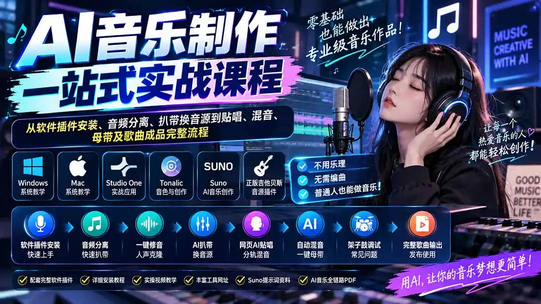 AI音乐制作一站式实战课程：从软件插件安装、音频分离、扒带换音源到贴唱、混音、母带及歌曲成品完整流程-298资料