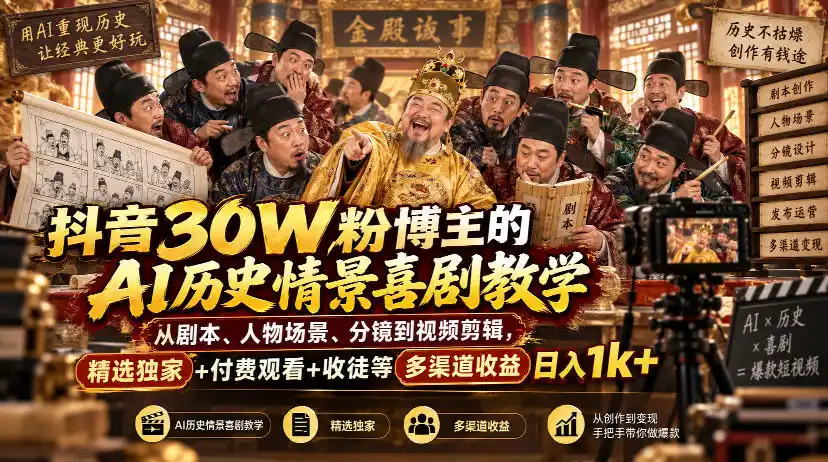 抖音30W粉博主的AI历史情景喜剧教学,从剧本、人物场景、分镜到视频剪辑,精选独家+付费观看+收徒等多渠道收益日入1k+-298资料