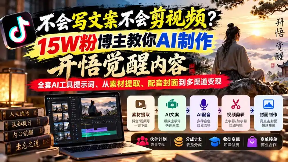 不会写文案不会剪视频?15W粉博主教你AI制作开悟觉醒内容,全套AI工具提示词、从素材提取、配音封面到多渠道变现-298资料