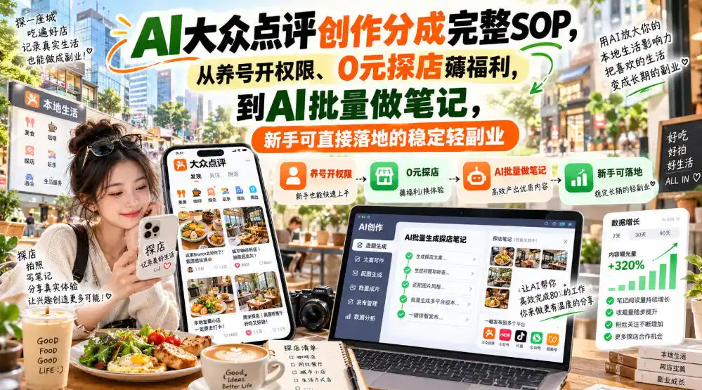 【无水印】AI大众点评创作分成完整SOP，从养号开权限、0元探店薅福利，到AI批量做笔记，新手可直接落地的稳定轻副业-298资料