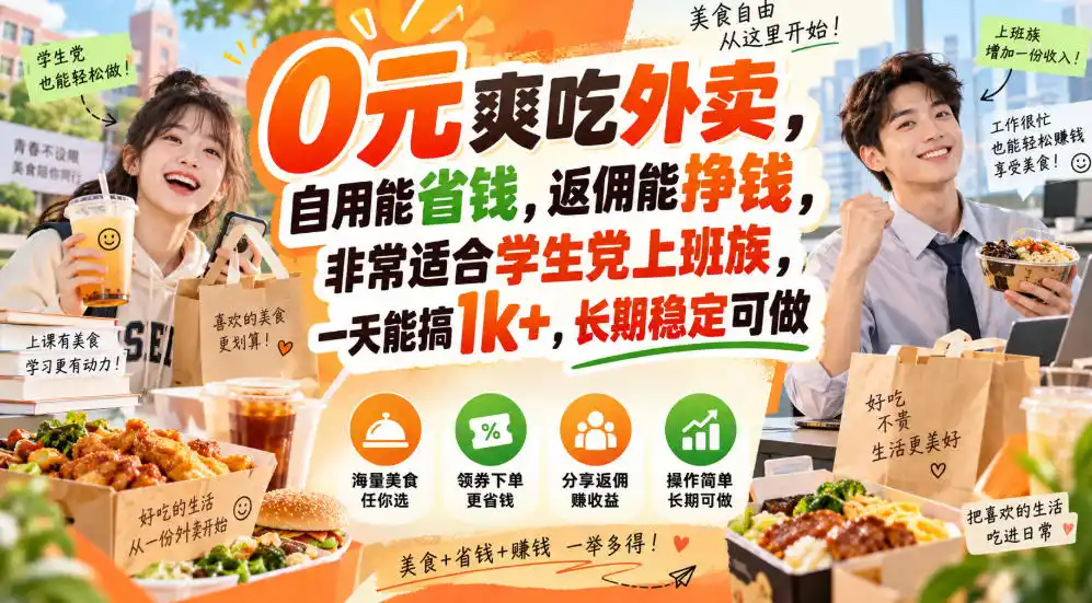 0元爽吃外卖，自用能省钱，返佣能挣钱，非常适合学生党上班族，一天能搞1k+，长期稳定可做-298资料
