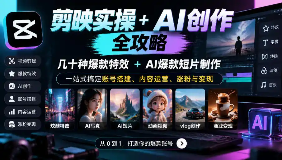 剪映实操+AI创作全攻略|几十种爆款特效+AI爆款短片制作,一站式搞定账号搭建、内容运营、涨粉与变现