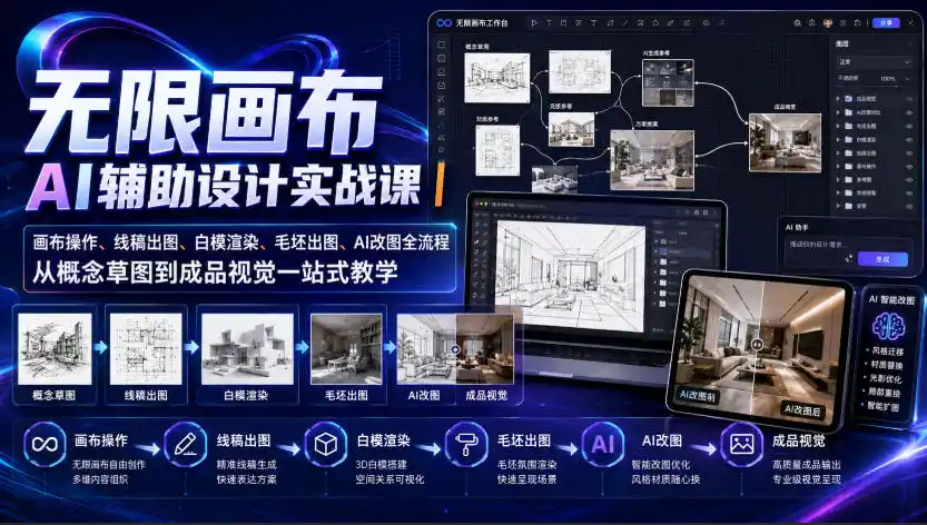 无限画布AI辅助设计实战课｜画布操作、线稿出图、白模渲染、毛坯出图、AI改图全流程，从概念草图到成品视觉一站式教学(更新0923)-298资料