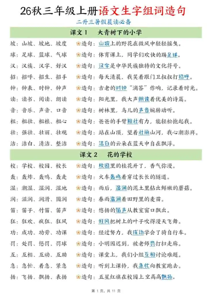 暑假晨读必备26秋三年级上册语文生字组词造句（11页）-298资料